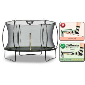 Trampolino EXIT Silhouette nero D305cm con rete di sicurezza e sistema di protezione per i piedi.
