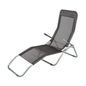 Bain de soleil Siesta gris foncé avec revêtement textile et structure en métal.