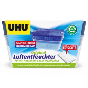 Déshumidificateur UHU Original 1000g : Récipient avec sachet de granulés pour réduire l'humidité.