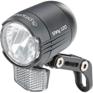 Phare LED Prophete 120 Lux pour vélos électriques, boîtier en aluminium, avec réflecteur et support.
