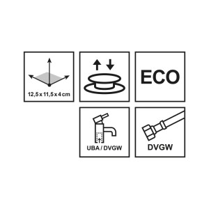 Pittogrammi per il miscelatore monocomando per lavabo Chieti: dimensioni, set di scarico, ECO, UBA/DVGW, DVGW.