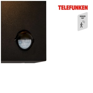 Gros plan : applique murale extérieure à LED Telefunken noire avec détecteur.