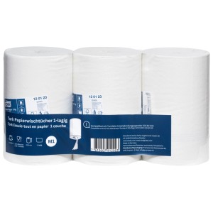 Trois rouleaux blancs d'essuie-tout Tork Basic, 1 pli, 21,5 cm, 3 pièces sous film. Pour essuyer et sécher.