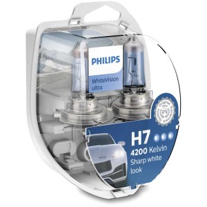 Lampadine per fari Philips WhiteVision ultra H7, confezione da 2. Accessorio auto per luce bianca brillante.