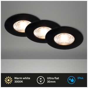 Lot de 3 spots LED encastrables Briloner, noir mat, IP44, lumière blanc chaud.