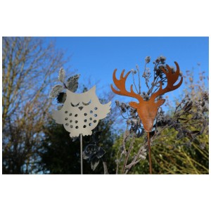 Gartenstecker Hirsch Rost und Eule, Gartendeko für Beet und Kübel.