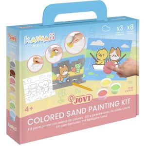 Jovi Sandmal-Set Kawaii Tiere: Bunte Verpackung mit Farbsand, Motivfolien und Stichel für kreative Sandbilder.