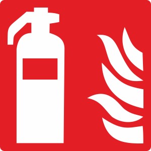 Cartello rosso con simbolo bianco dell'estintore e fiamme, 12x4,5 cm.