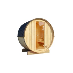 Sauna tonneau en bois FinnTherm Mini XXS avec porte en verre et bardeaux.