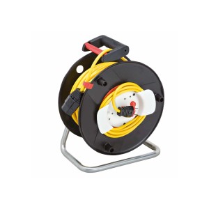 Enrouleur de câble jaune Garant R 240 avec 25 m de câble sur cadre galvanisé.