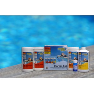 Kit de démarrage Weka Pool Care Set DeLuxe avec chlore, algicide, pH-Minus, pH-Plus et bandelettes de test.