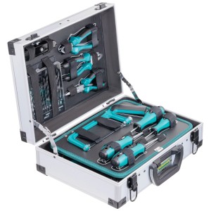 Technocraft Alu-Werkzeugkoffer Basic 92 pièces, ouvert avec assortiment d'outils.