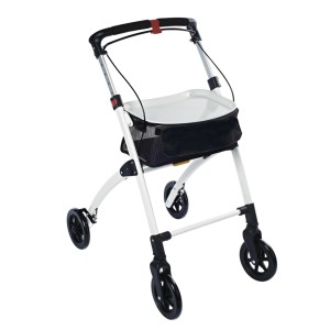 Rollator d'intérieur Ridder blanc avec plateau et panier pour la sécurité dans la salle de bain.