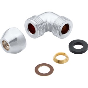 Raccord compression chromé Ø 10 mm coude (R 1/2) avec joints et rondelles.