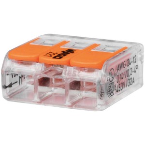 Bornes à levier Wago, 50 pièces, boîtier transparent avec leviers orange pour une connexion facile des câbles.