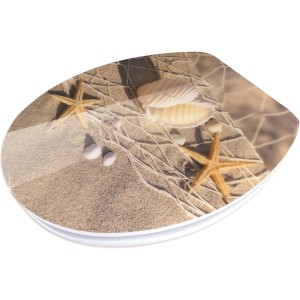 Sedile WC Sanitop con decoro perle di spiaggia, finitura lucida, chiusura rallentata e fissaggio rapido.