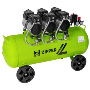 Compresseur silencieux Zipper ZI-COM90-SI vert avec réservoir de 90 l et quatre roues.