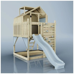 Cabane sur pilotis en bois OutdoorToys Meteorit avec toboggan bleu et mur d'escalade.