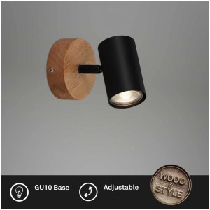 Spot Briloner Muritz, 1 lampe, noir avec base en bois, orientable.