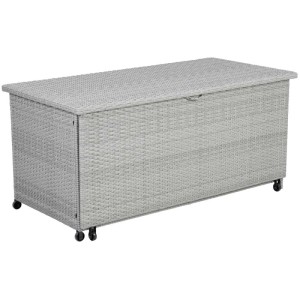 Coffre de rangement XXL gris extensible en polyrotin avec roulettes pour coussins de jardin.