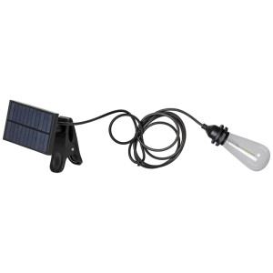 Schwarze LED Solarleuchte mit E27 Fassung, Solarmodul und Kabel für Innen- und Aussenbereich.