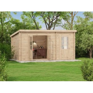 Casetta da giardino Alpholz Maria con tetto a falda e tettoia, impregnata per immersione, 450x279 cm.
