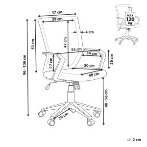 Schizzo sedia da ufficio Relief rossa con dimensioni, carico massimo 120 kg.