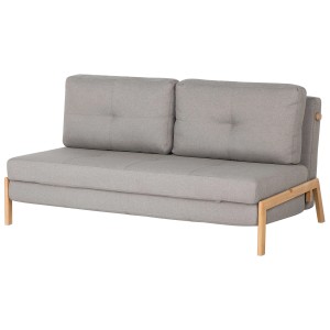 Divano letto Edland, 2 posti, divano grigio chiaro con gambe in legno e due cuscini.