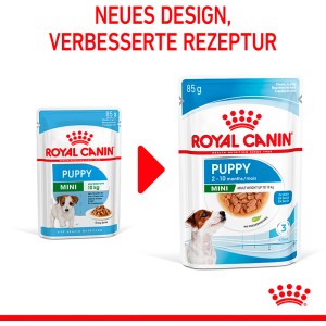 Royal Canin Mini Puppy cibo umido, busta da 85g per cani di piccola taglia, nuovo design.