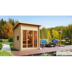 Sauna FinnTherm Lizzy XXS en épicéa avec façade en verre, adaptée pour 3 personnes.