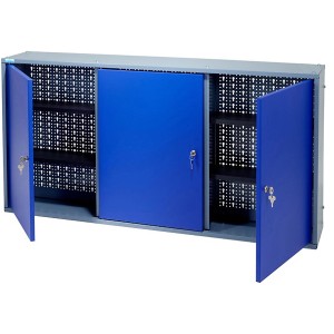 Armadio pensile Küpper, 3 ante, blu, con pannello forato e 4 ripiani, larghezza 1200 mm.
