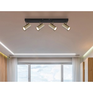 Faretto Globo Robby, 4 luci, nero opaco con spot color ottone anticato a soffitto.