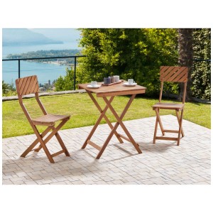 Ensemble bistro pliable en bois d'eucalyptus avec table et deux chaises marron pour balcon.