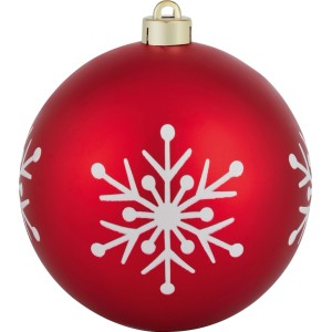 Rote 14cm Kunststoff Weihnachtskugel mit weißen Schneeflocken und goldener Aufhängung.