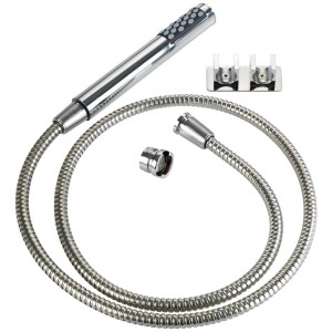 Doccetta lavabo Wenko in acciaio inox con tubo, adattatore e supporto per accessori bagno.
