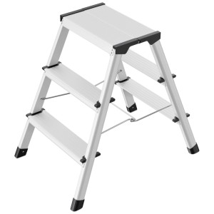 Scala a doppia salita Hailo in alluminio con 2x3 gradini, ideale per casa e giardino. Compatta, leggera e sicura.