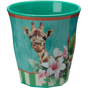 Gobelet en mélamine avec motif girafe et fleurs, robuste et lavable au lave-vaisselle.