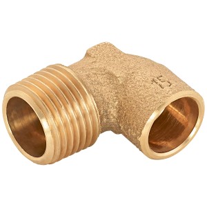 Raccordo a gomito in ottone, 90 gradi, Ø 15 mm x 21 mm (R 1/2) per tubi in rame.