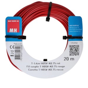 T-Litze H05V-K rossa, 0.75 mm², rotolo da 20 m per installazioni elettriche.