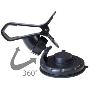 Supporto universale nero per smartphone con ventosa e rotazione a 360°.