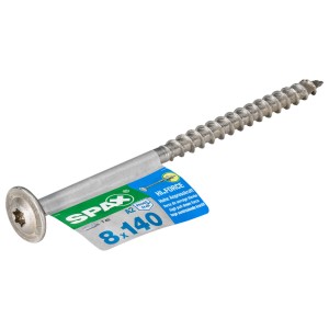 Vite a testa svasata Spax Hi.Force, acciaio inox A2, 8x140 mm, per strutture in legno esterne.