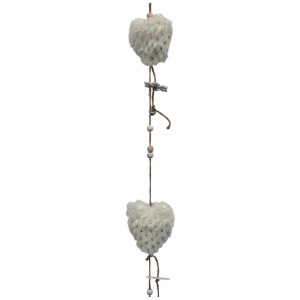 Ghirlanda decorativa con cuori di peluche bianchi, fiocchi di neve, campanelle e perline, lunghezza 100 cm.