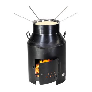 Four à fondue et grill Nouvel noir en forme de bidon à lait avec feu et fourchettes à fondue.