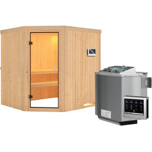 Sauna Woodfeeling Bodo con stufa bio e porta in vetro, sauna in legno massello per ore di relax.