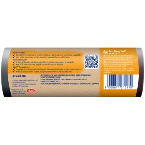Emballage de sacs poubelles Swirl avec lien de fixation, 30 l, rouleau avec des informations sur le plastique recyclé.