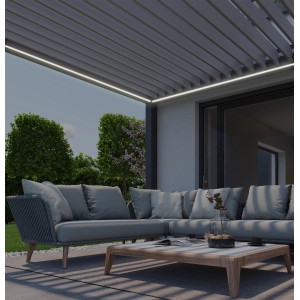 Illuminazione LED Biohort su pergola (287x287 cm) con luce bianca calda.