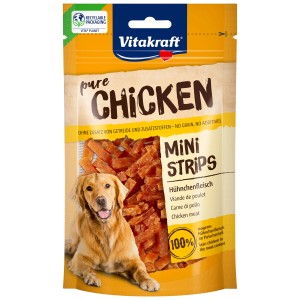 Vitakraft Pure Chicken Mini Strips snack per cani, ricompensa extra di pollo in confezione da 80g.
