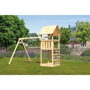 Tour de jeu Karibu Lotti avec balançoire double et mur d'escalade dans le jardin.