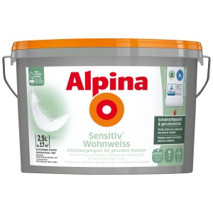 Secchio di pittura per interni Alpina Sensitiv Wohnweiss, 2,5 l, adatta agli allergici, per pareti bianche.