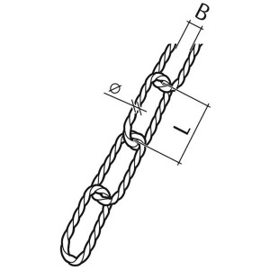 Schizzo di una catena decorativa Conacord in acciaio color rame, ritorta, con dimensioni.